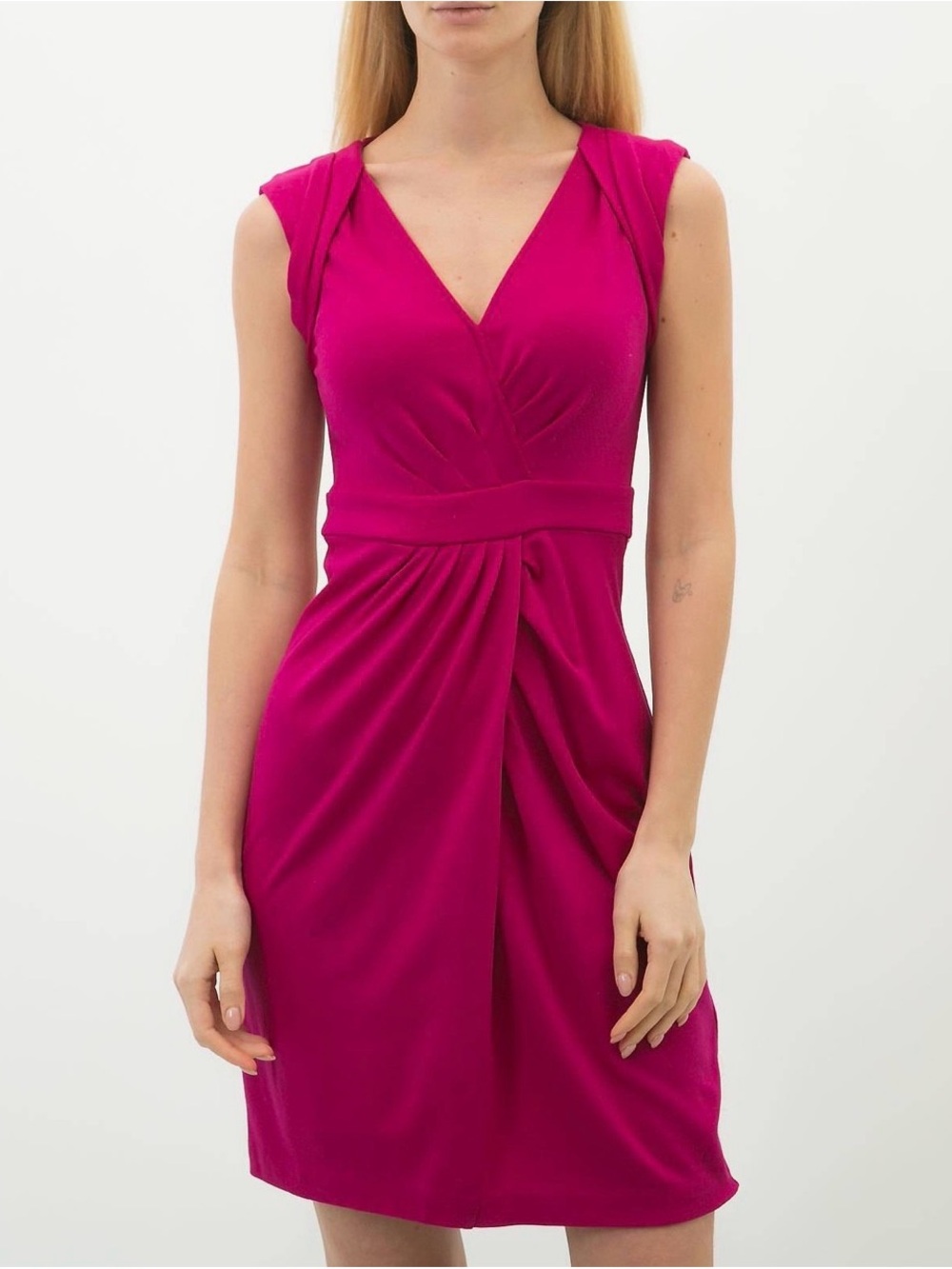 Diane Von Furstenberg Fuchsia V-Neck Gathered Waist Midi Dress